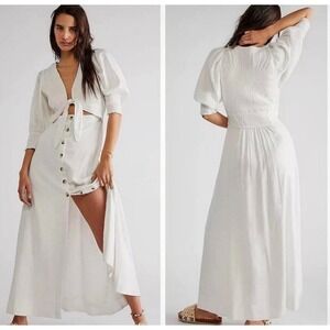 Free People String Of Hearts Smocked Cutout Tie Front Linen Blend Midi Dress S